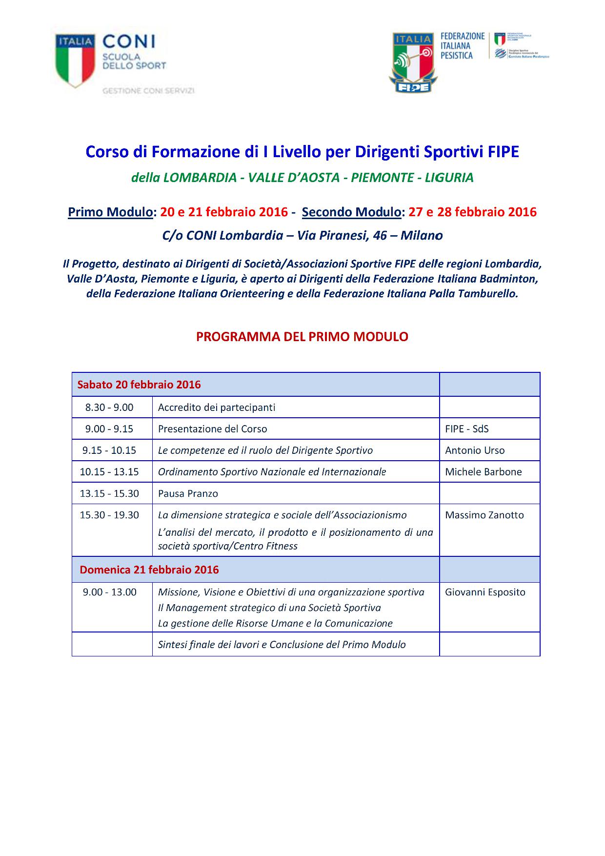 Programma Corso Dirigenti 2016 Milano